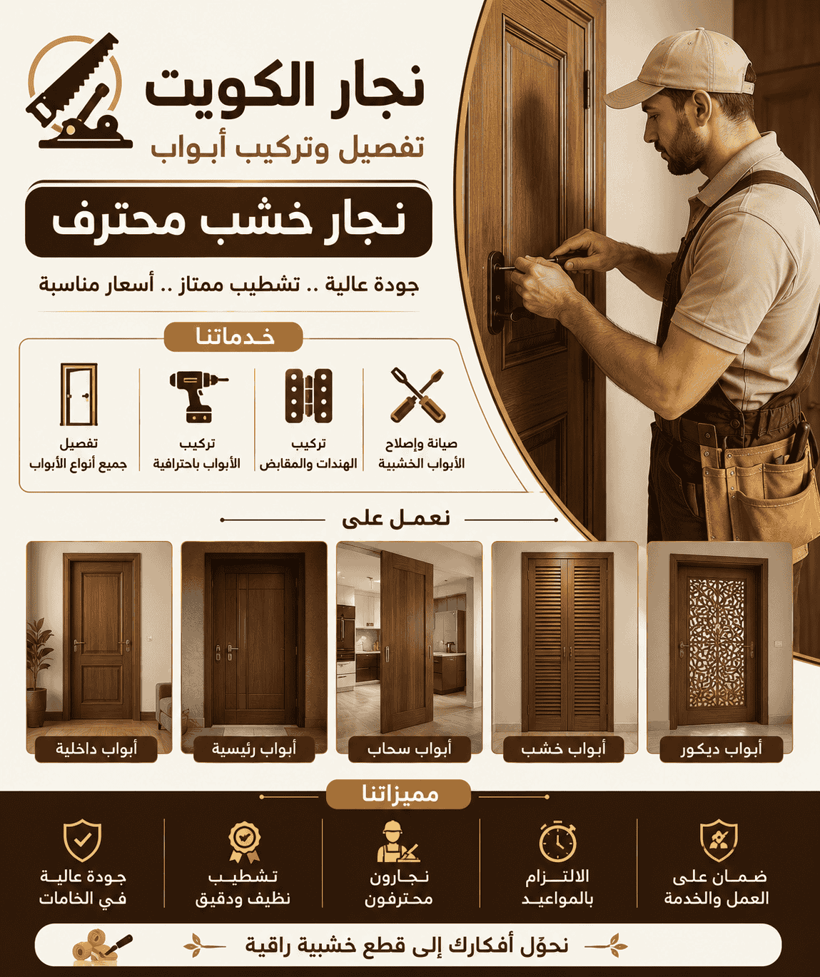 العنوان: ورشة نجارة حديثة | الـ ALT: أفضل معدات النجارة لتفصيل وتصميم الأبواب الخشبية | الكلمات التوضيحية: نجار، خشب، ابواب، الكويت، ورشة، تصميم | وصف الصورة: أدوات دقيقة ومعدات قص الأخشاب في منجرة مجهزة بالكامل لعمل الأبواب والديكورات الخشبية بأعلى جودة