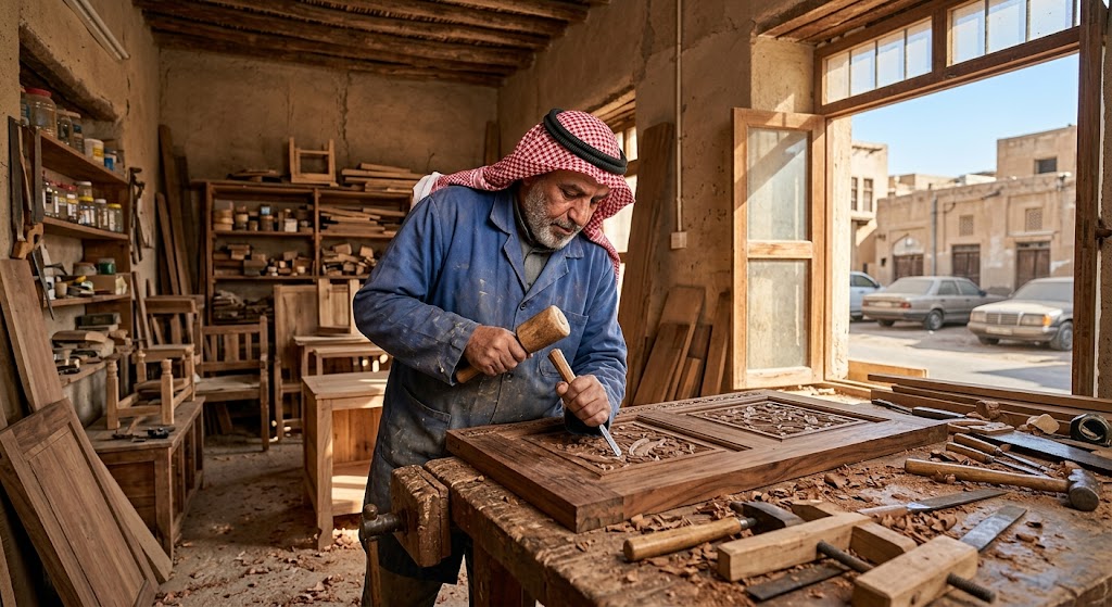 نجار خشب محترف يقوم بقص وتشكيل ألواح خشبية بدقة باستخدام معدات نجارة حديثة داخل ورشة عمل في منطقة أبرق بالكويت لتفصيل أثاث مخصص