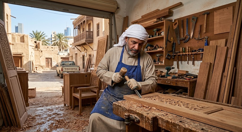 فني متخصص يقوم بأعمال النجارة وتفصيل الأخشاب باحترافية ضمن خدمات نجار خشب الحسانية بالكويت