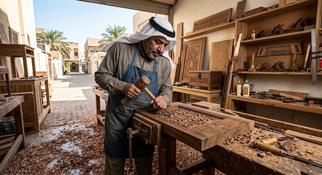 نجار متخصص يقوم بأعمال النجارة وتفصيل وتركيب الأخشاب باحترافية ودقة ضمن خدمات نجار خشب الدعيه الكويت
