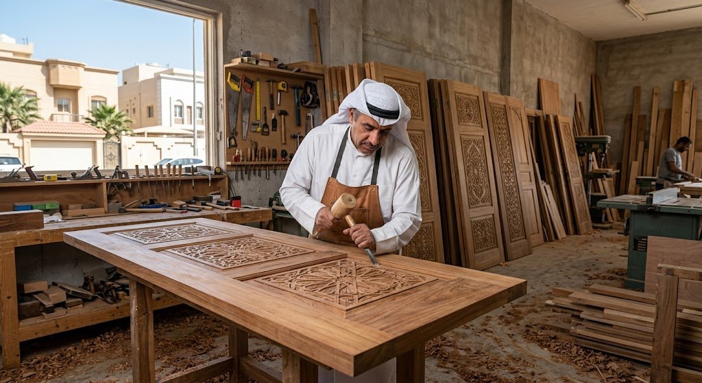 فني متخصص يقوم بفك وتركيب وتفصيل الأثاث الخشبي وإصلاح الأبواب والخزائن بدقة ومهارة عالية ضمن أعمال نجار السلام في الكويت لضمان تلبية كافة احتياجات العملاء بتصاميم عصرية ومتينة