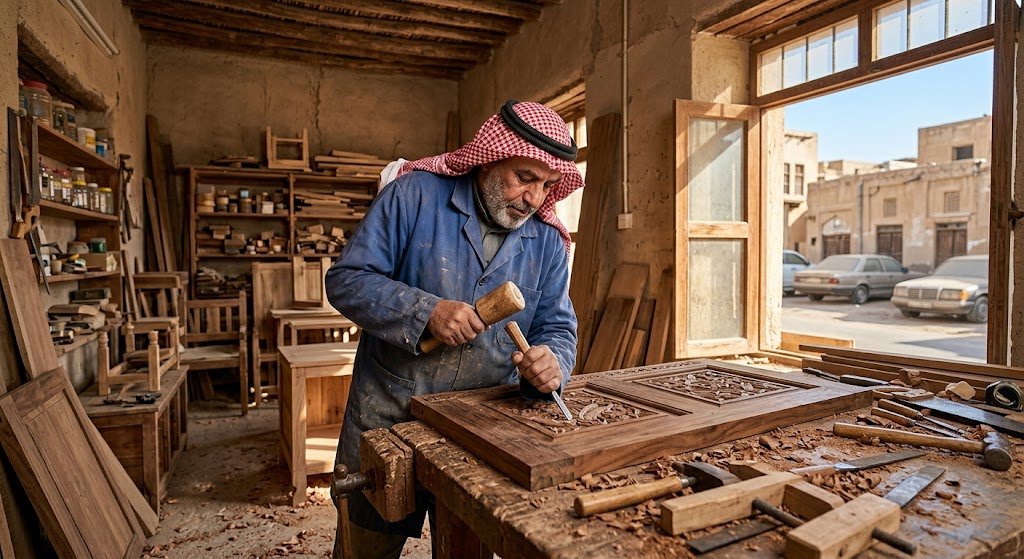 نجار خشب محترف يقوم بقص وتشكيل ألواح خشبية بدقة باستخدام معدات نجارة حديثة داخل ورشة عمل في منطقة أبرق بالكويت لتفصيل أثاث مخصص