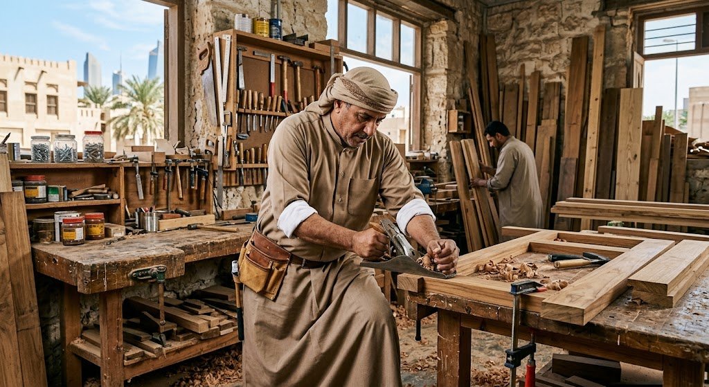 نجار محترف يقوم بتصميم وتفصيل وتركيب أبواب خشبية حديثة باستخدام معدات دقيقة ضمن أعمال أفضل نجار الكويت لتصميم وتركيب الأبواب لضمان جودة ومتانة الأخشاب والتشطيب النهائي