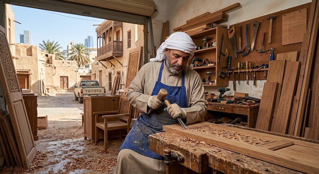 فني متخصص يقوم بأعمال النجارة وتفصيل الأخشاب باحترافية ضمن خدمات نجار خشب الحسانية بالكويت