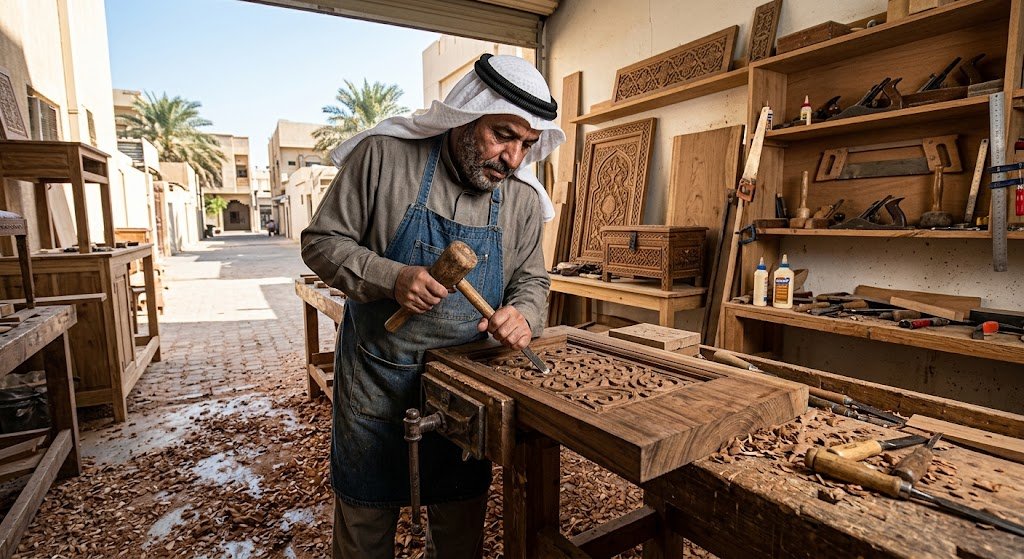 نجار متخصص يقوم بأعمال النجارة وتفصيل وتركيب الأخشاب باحترافية ودقة ضمن خدمات نجار خشب الدعيه الكويت