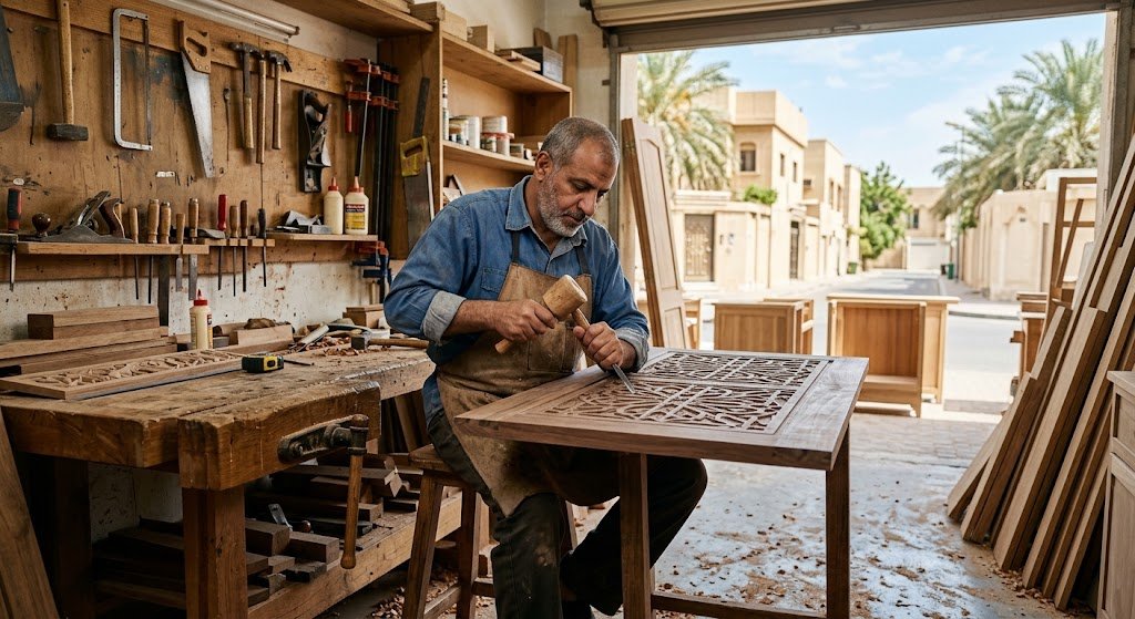 نجار خشب متخصص يقوم بتفصيل وصيانة وتركيب المشغولات الخشبية ضمن خدمات نجار خشب المنصوريه الكويت