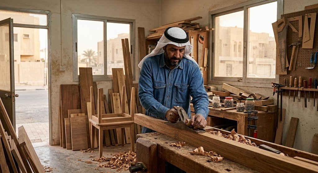 فني متخصص يقوم بأعمال النجارة وتفصيل وتركيب الأخشاب باحترافية ضمن خدمات نجار خشب الروضه الكويت