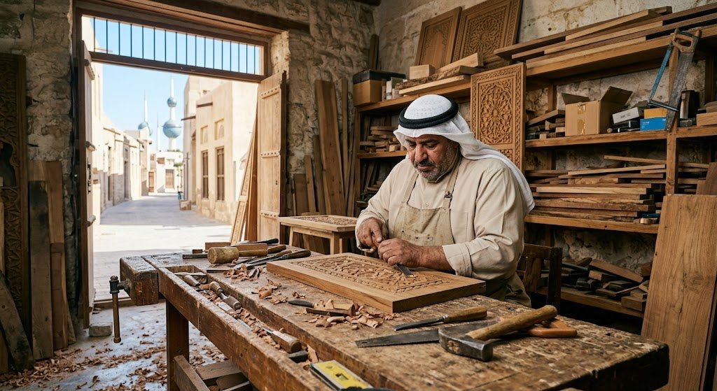 نجار محترف يقوم بتفصيل وصيانة الأثاث الخشبي بدقة ضمن خدمات نجار خشب الوفرة الكويت